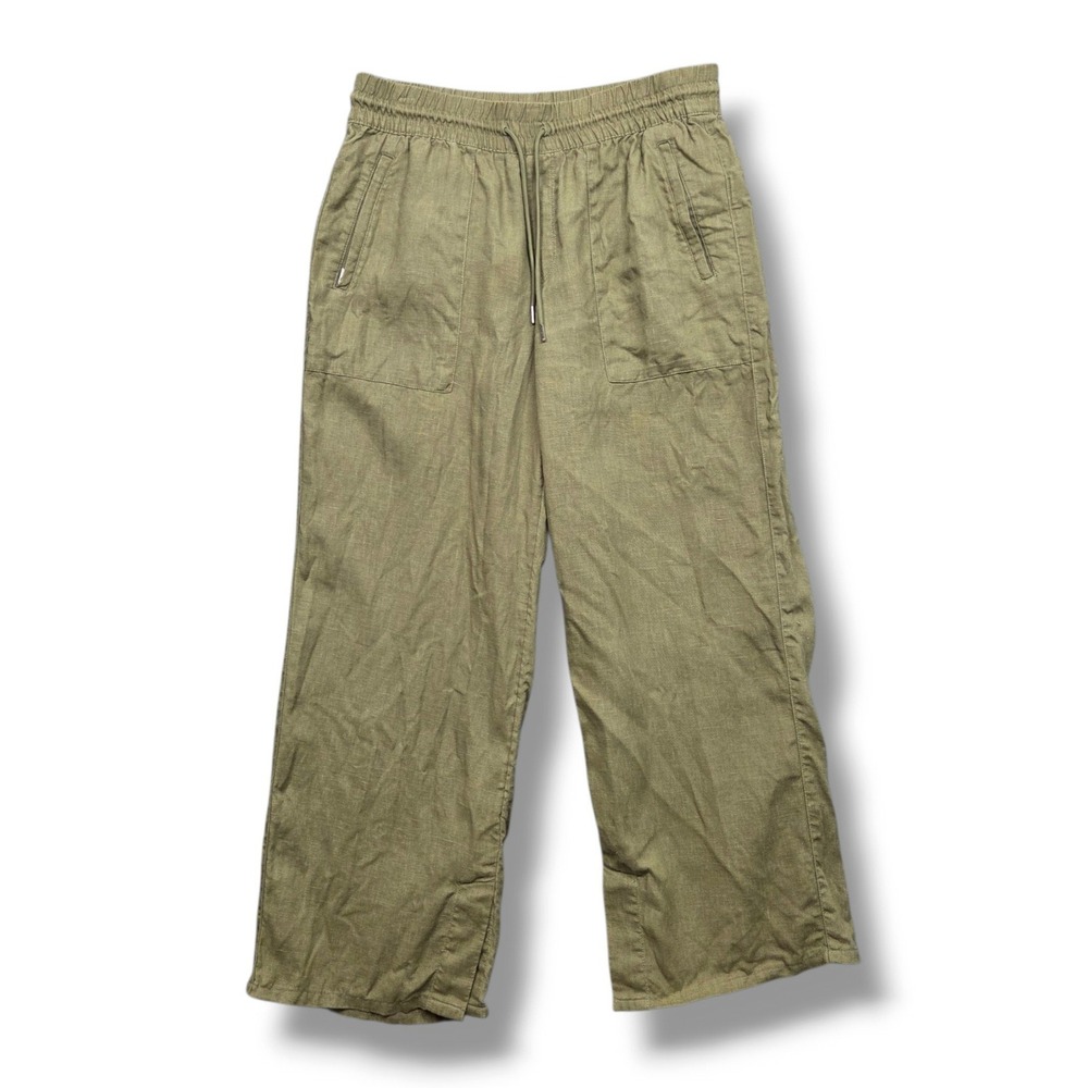 Athleta Retreat Linen Wide Leg Pant Womens Medium Travel Coastal High Rise Green